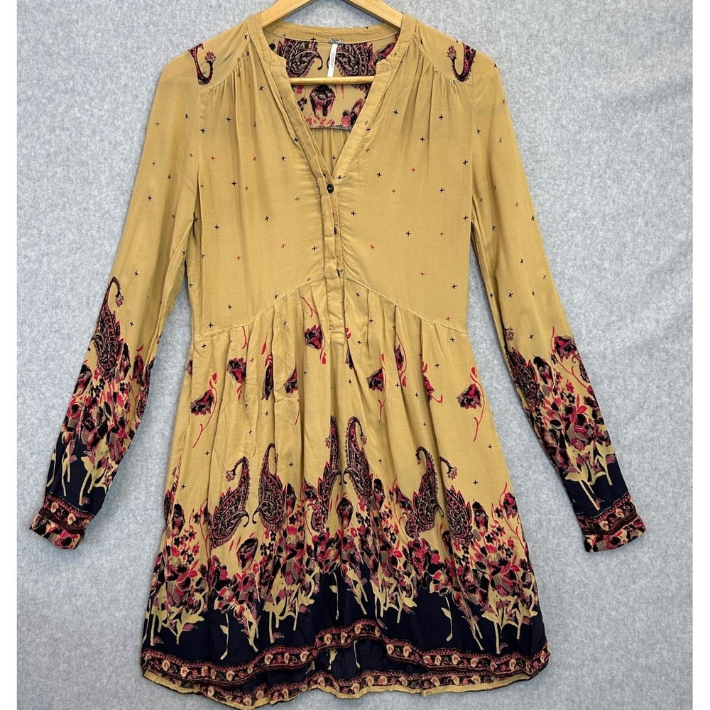 Free People Mini Dress Mustard Paisley Floral Boho Long Sleeve Size XS READ
